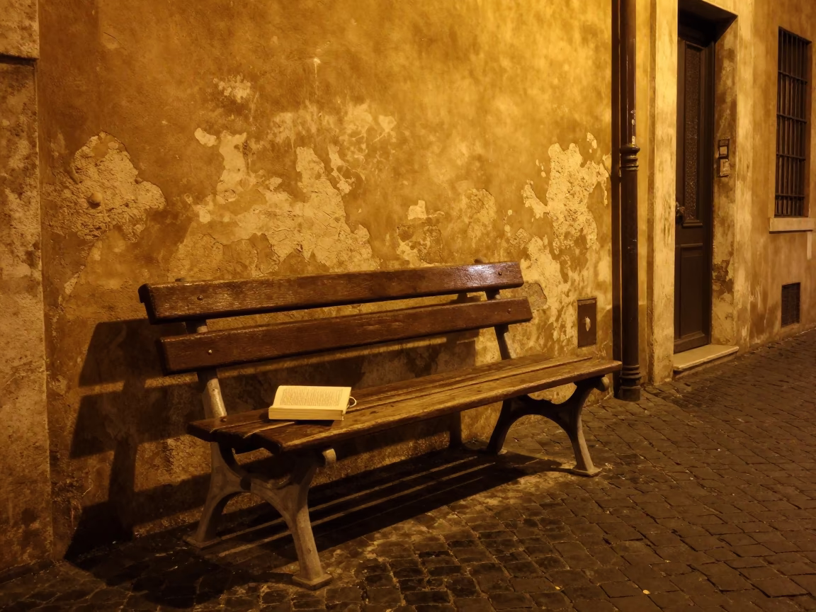 Rome Italy Night Street Scene with Park Bench and Book Light in in Rome, Italy