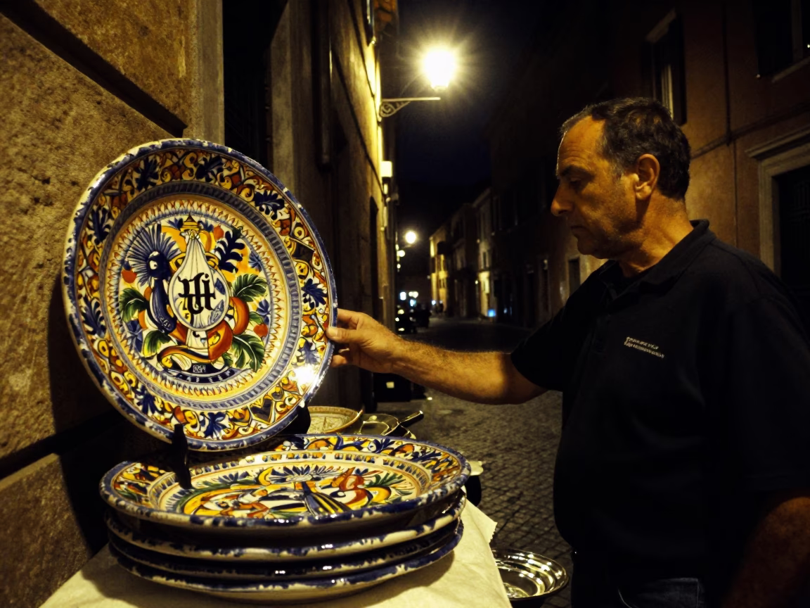 Rome Italy Night Street Scene with Vintage Majolica Plate and Urban Plaster Walls in in Rome, Italy