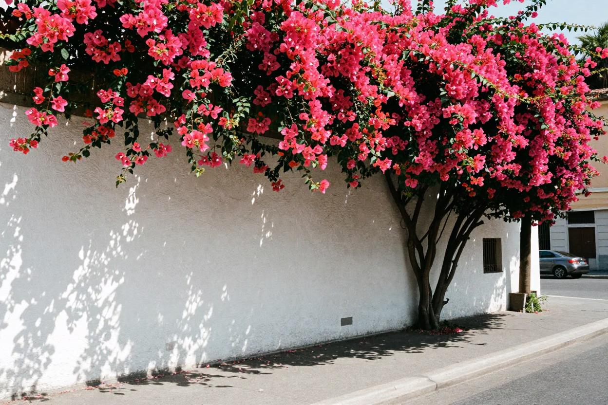Rome Italy Noon Light Bougainvillea White Wall and Street Scene in in Rome, Italy