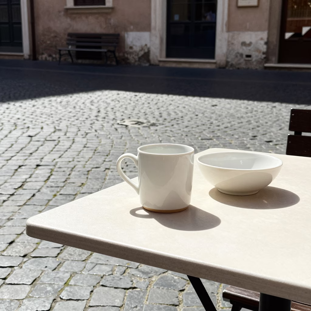 Rome Italy Noon Street Scene with Ceramic Mugs and Bowl on Cobblestone Table in in Rome, Italy