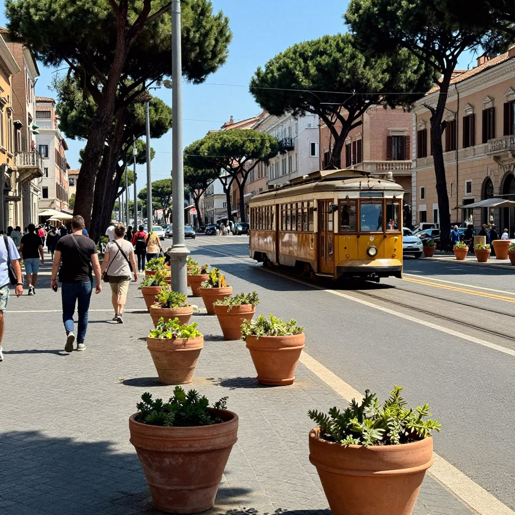 Rome Italy noon street scene with terracotta pots and tram on tree-lined boulevard in in Rome, Italy