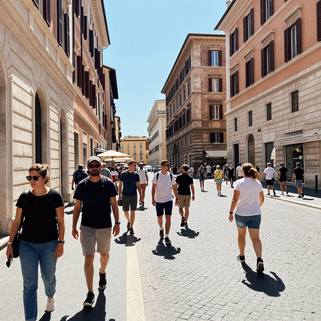 Rome Italy noon sunlight bustling street scene with tourists and historic architecture in in Rome, Italy