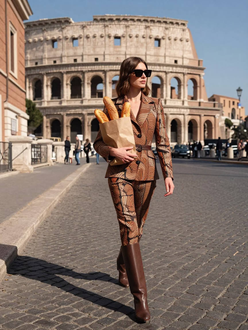Rome Italy Noon Sunlight High Fashion Woman Carrying Pastries on Historic Street in in Rome, Italy