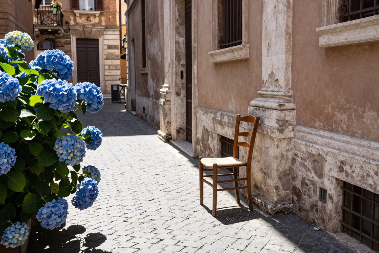 Rome Italy Noon Sunlight Historic Piazza Ladder Chair Hydrangeas Local Life in in Rome, Italy