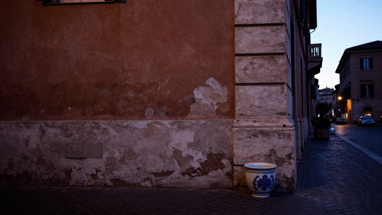 Rome Italy Pre-Dawn Street Scene with Ceramic Cup and Wall Hook in in Rome, Italy