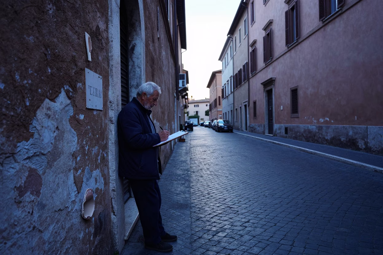 Rome Italy Pre-Dawn Street Scene with Clipboard and Pottery Shard in in Rome, Italy