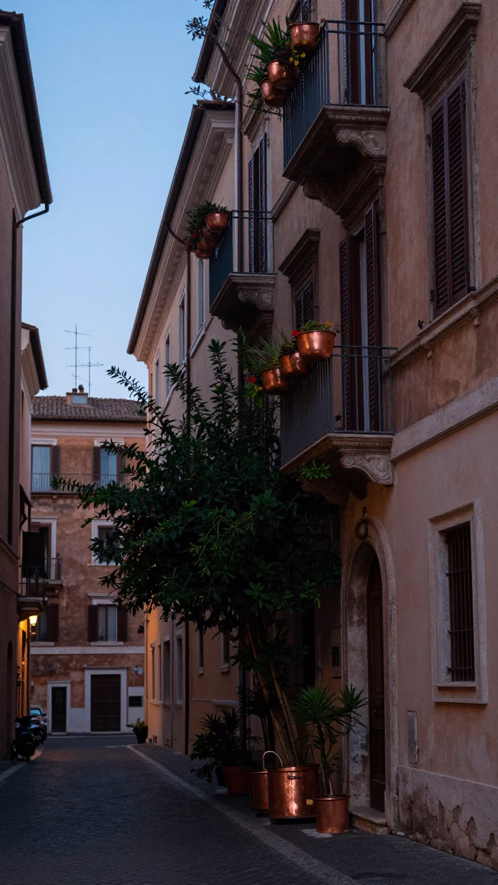 Rome Italy Pre-Dawn Street Scene with Copper Pots and Greenery in in Rome, Italy