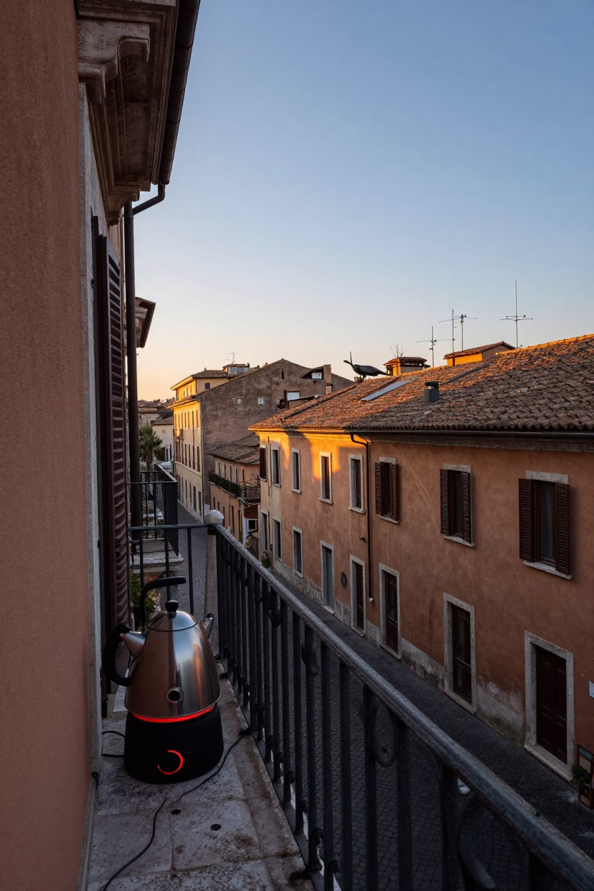 Rome Italy Pre-Dawn Street Scene with Electric Kettle and Cherries on Balcony in in Rome, Italy