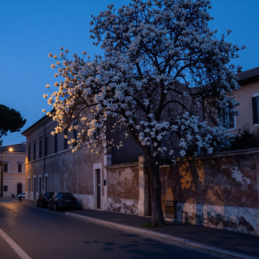 Rome Italy Pre-Dawn Street Scene with Magnolia Tree and Quiet Architecture in in Rome, Italy