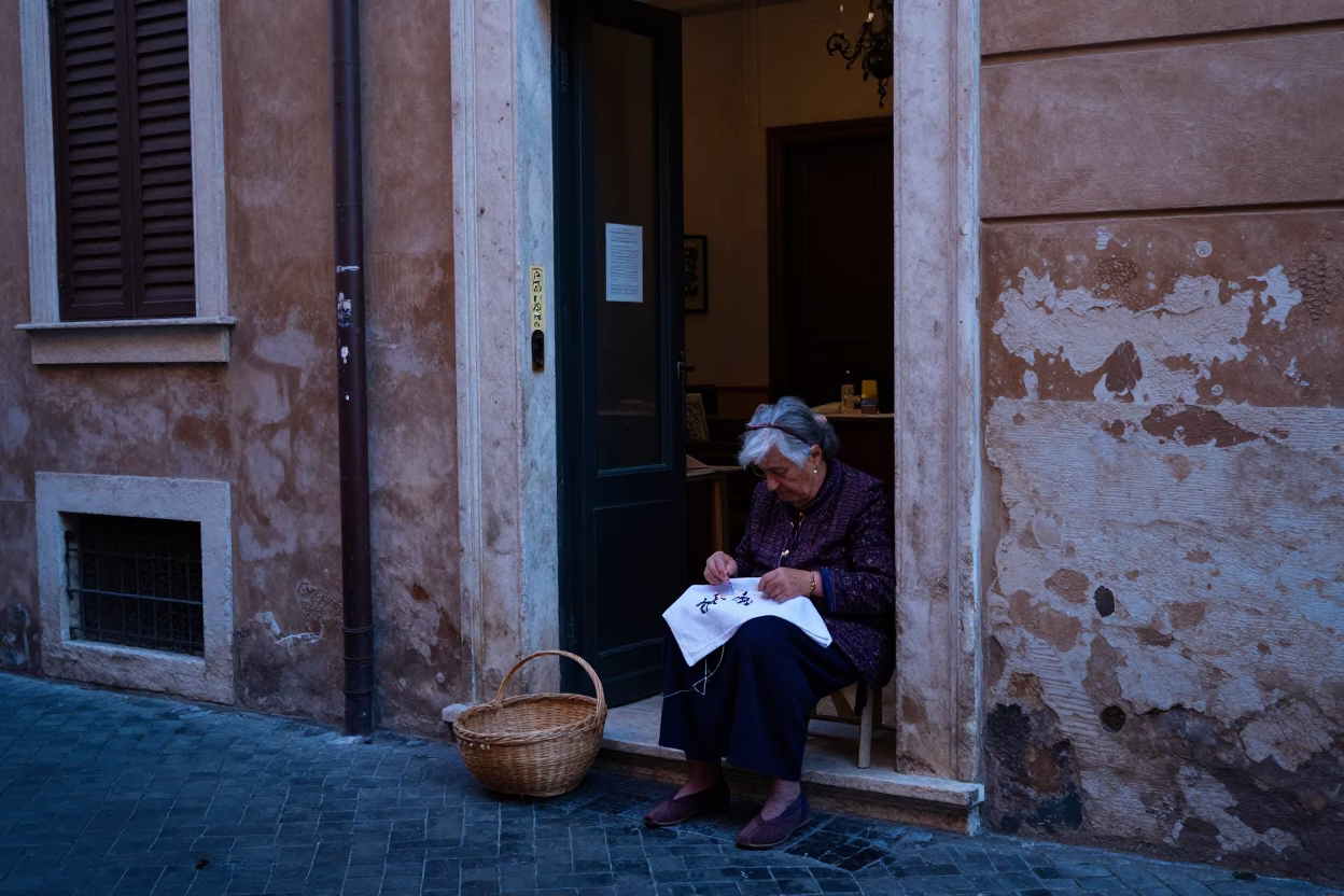 Rome Italy Pre-Dawn Street Scene with Mending Basket and Embroidery Hoop in in Rome, Italy