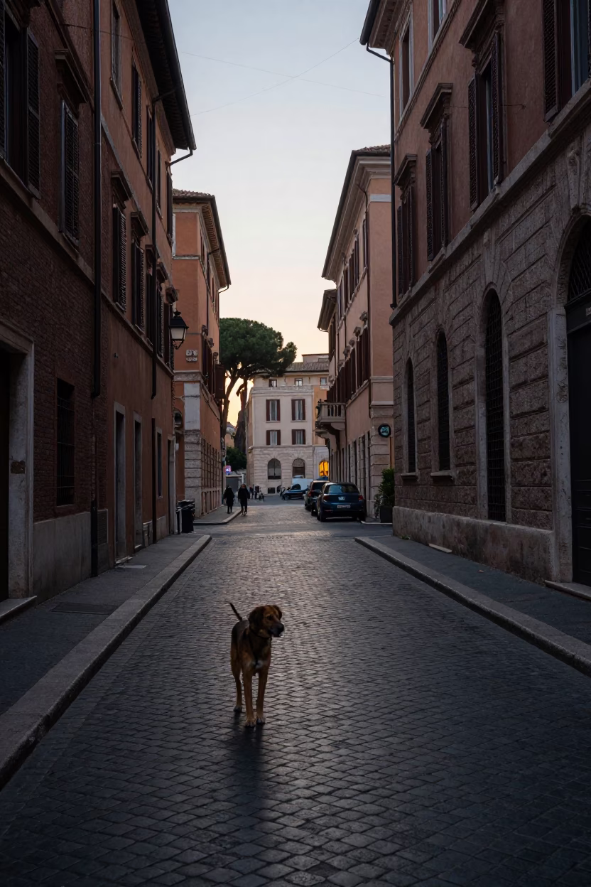 Rome Italy pre-dawn street scene with Spanish Water Dog and historic architecture in in Rome, Italy