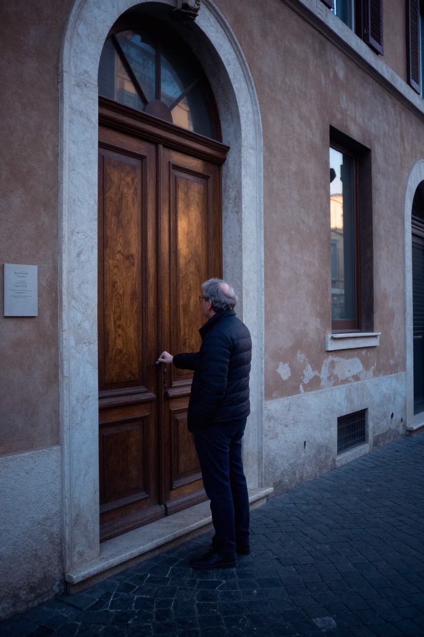 Rome Italy Pre-Dawn Street Scene with Teacher Unlocking School Library in in Rome, Italy