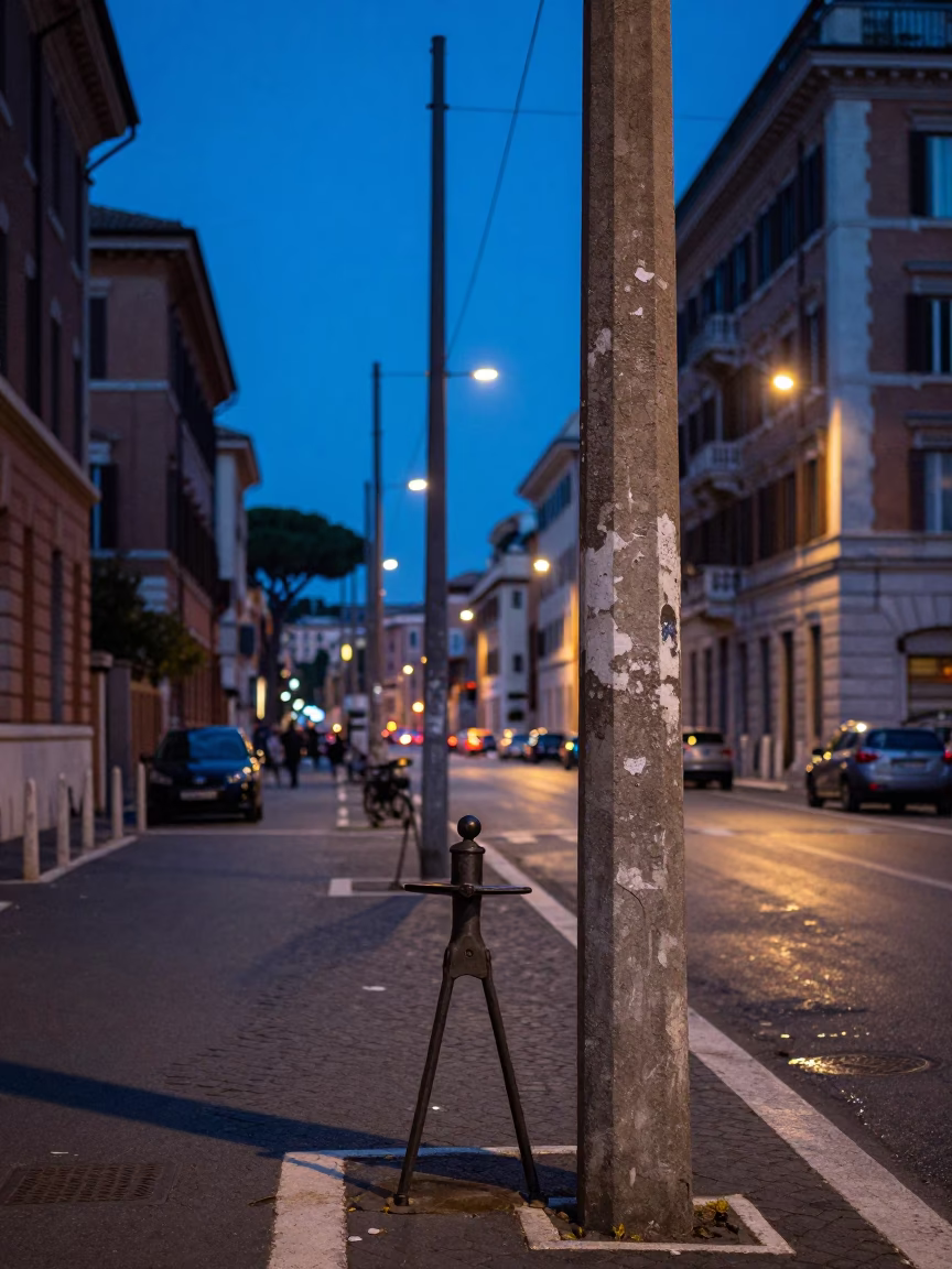 Rome Italy pre-dawn street scene with turnbuckle and urban infrastructure in in Rome, Italy