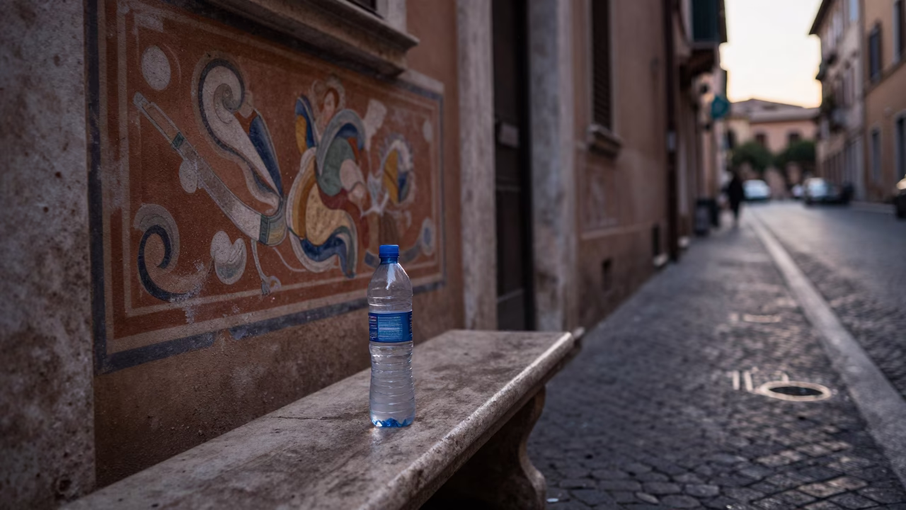 Rome Italy Pre-Dawn Street Scene with Water Bottle and Dust on Cobblestone in in Rome, Italy