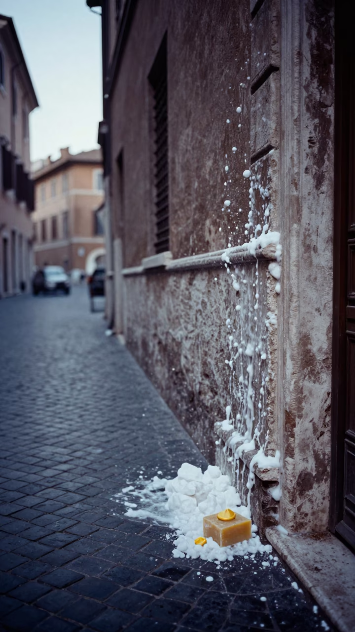 Rome Italy Pre-Dawn Street Scene with Wax Seal and Soap Residue in in Rome, Italy