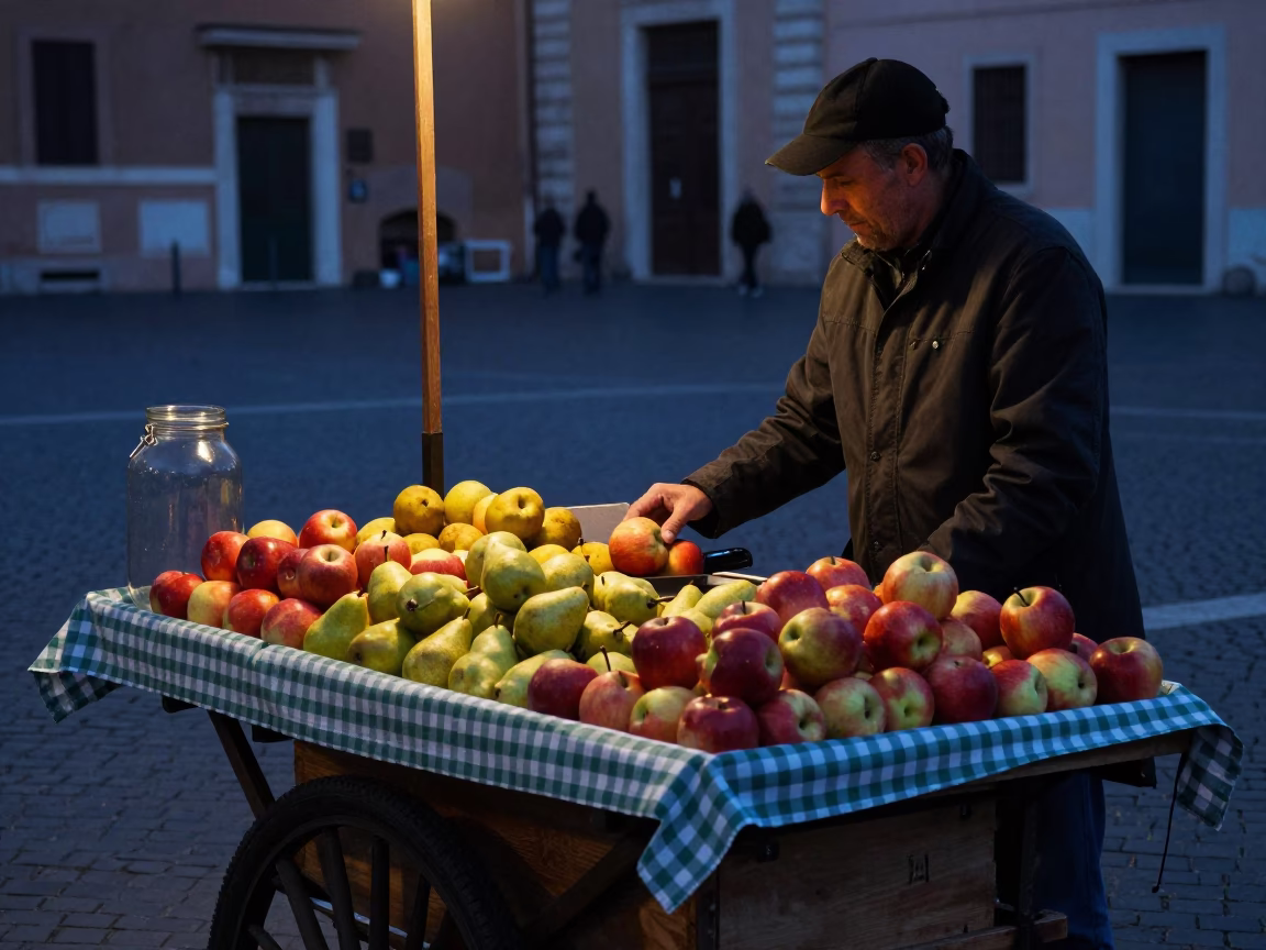 Rome Italy Predawn Market Stall with Fruit and Glass Jar in in Rome, Italy