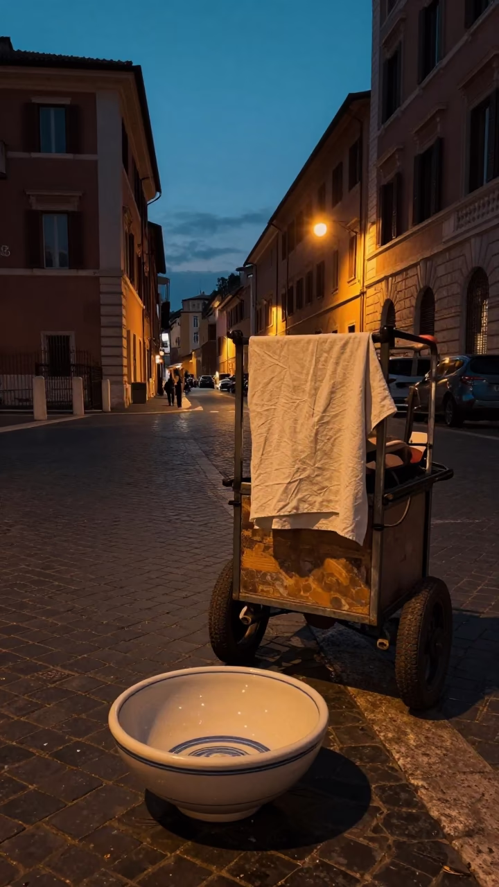 Rome Italy Predawn Street Scene with Ceramic Bowl and Linen Fringe on Cobblestone in in Rome, Italy