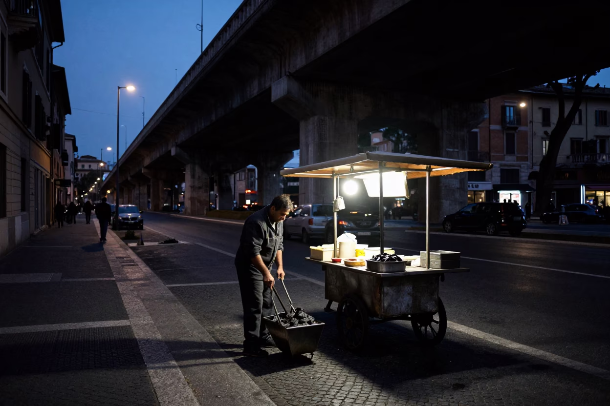 Rome Italy predawn street scene with concrete viaduct and local vendor in in Rome, Italy