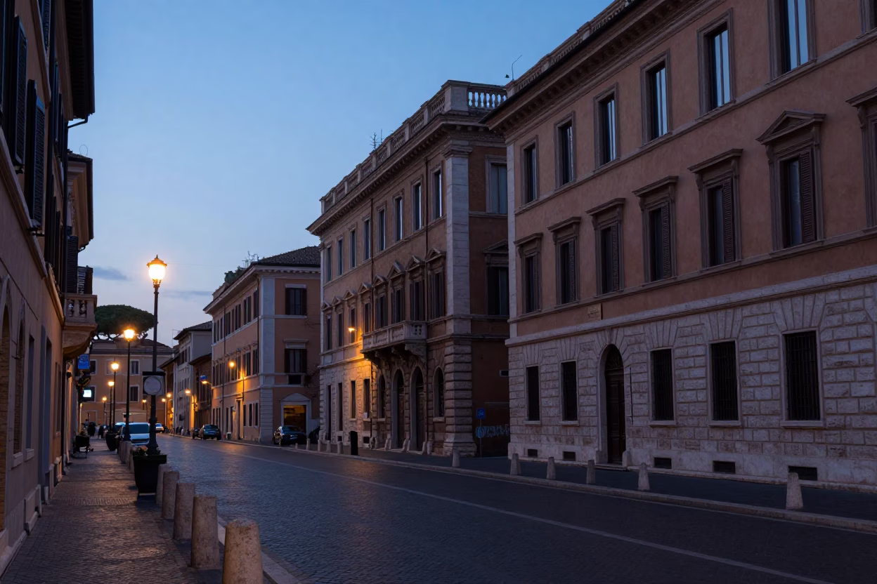 Rome Italy predawn street scene with historic architecture and early morning light in in Rome, Italy