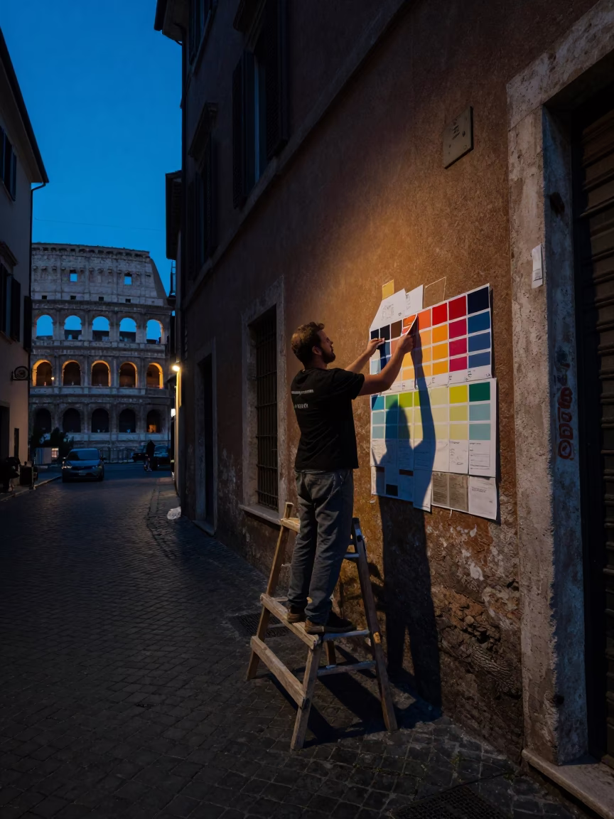 Rome Italy Predawn Street Scene with Muralist Sample Swatches and Brass Tray Corner in in Rome, Italy