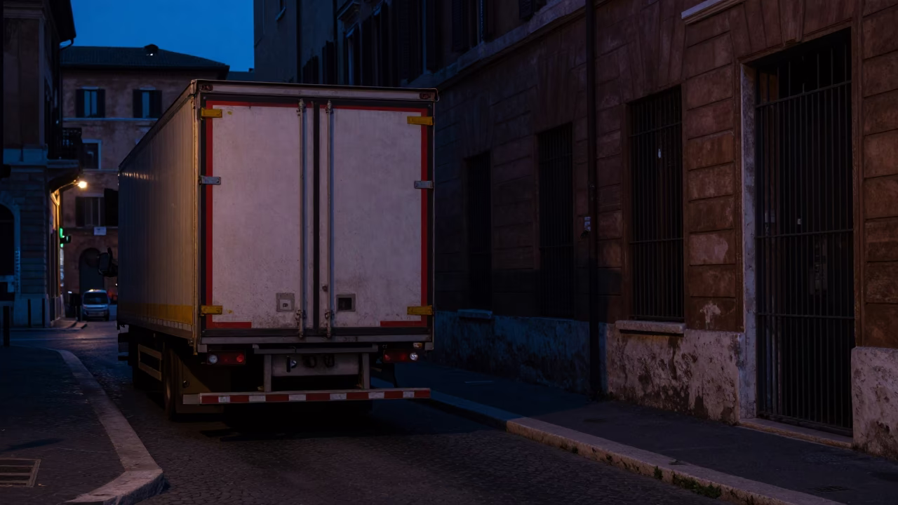 Rome Italy Predawn Street Scene with Semi-Trailer Loading Dock and Urban Infrastructure in in Rome, Italy