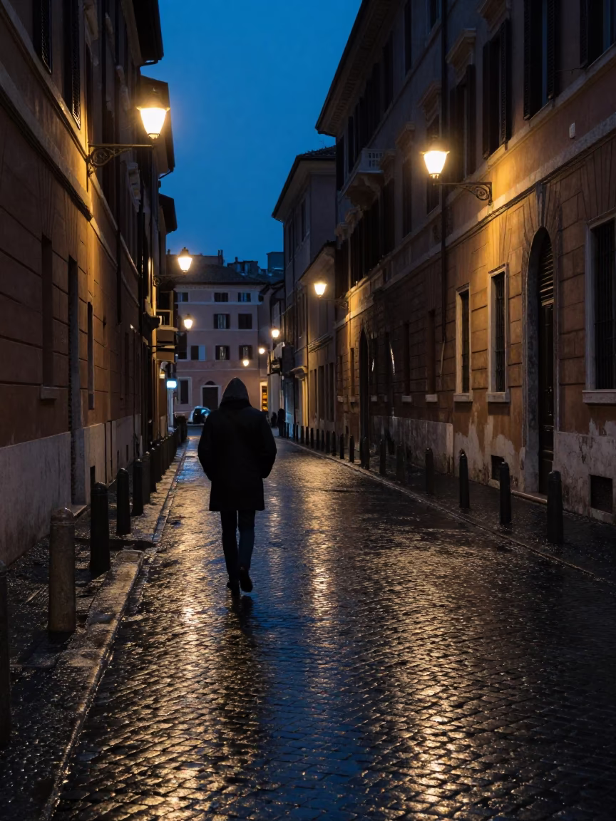 Rome Italy Predawn Street Scene with Wet Cobblestones and Flickering Streetlights in in Rome, Italy