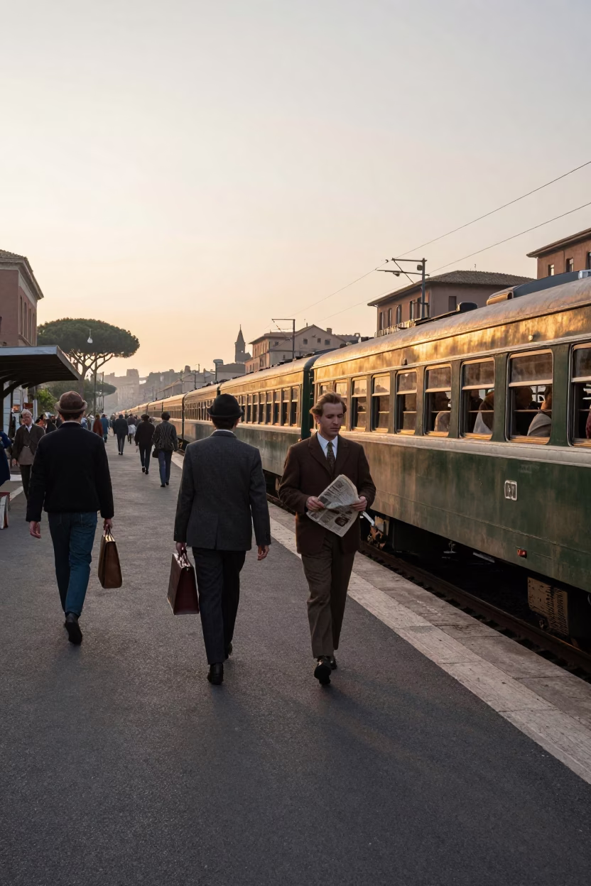 Rome Italy street scene after sunrise with vintage 1970s commuter train and morning travelers in in Rome, Italy