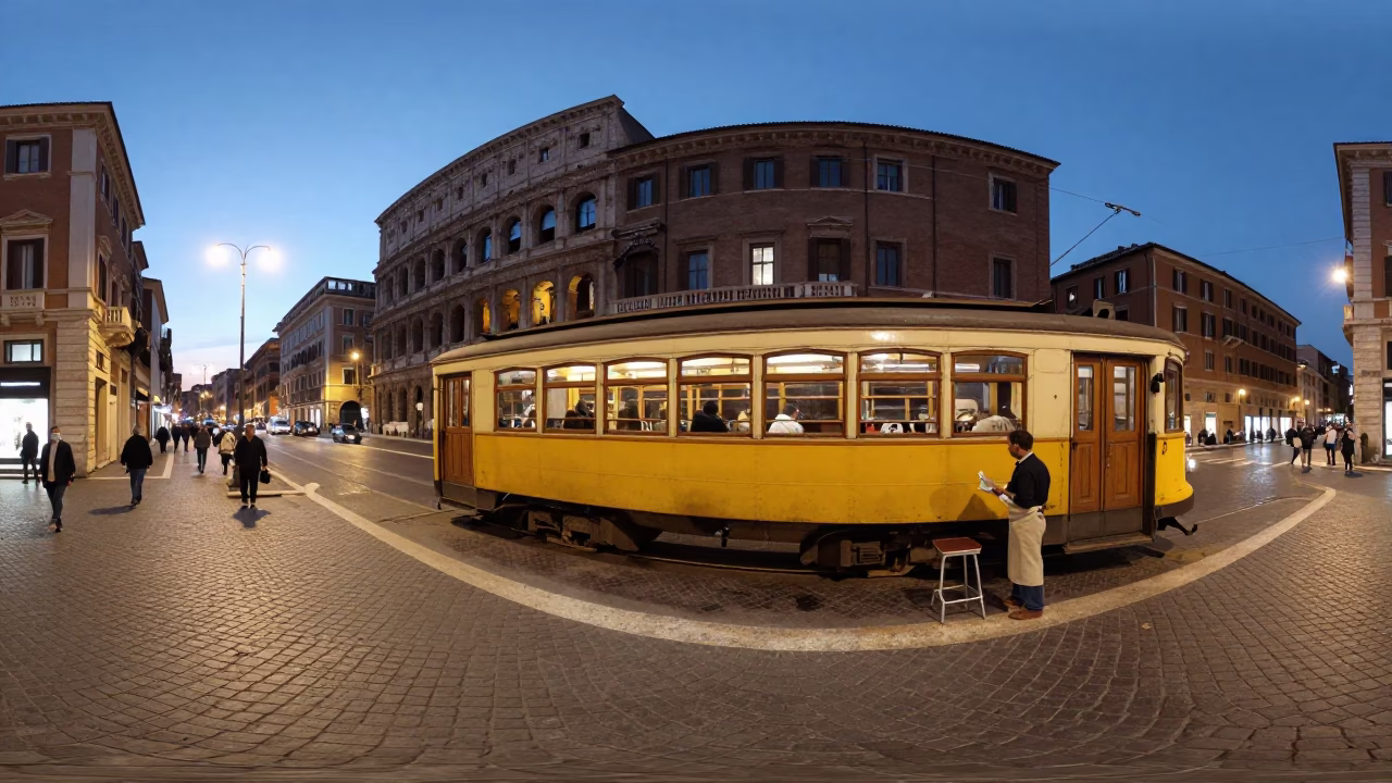Rome Italy Street Scene at Nautical Dawn with Heritage Tram and Cobblestone Avenue in in Rome, Italy