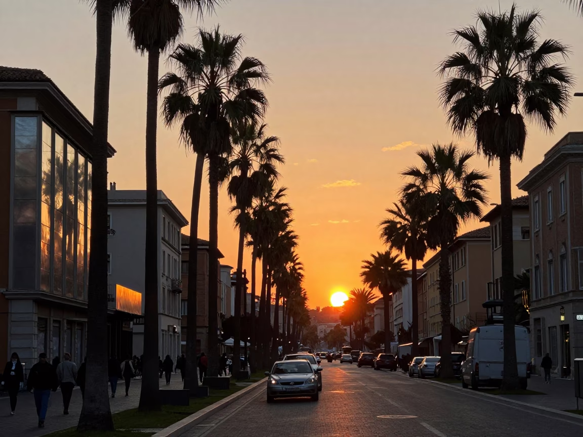 Rome Italy street scene at sunset with palm tree avenue and busy traffic in in Rome, Italy