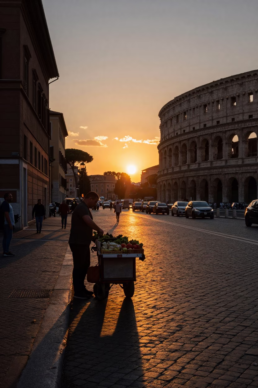 Rome Italy street scene at sunset with wicker shadow and colorful details in in Rome, Italy