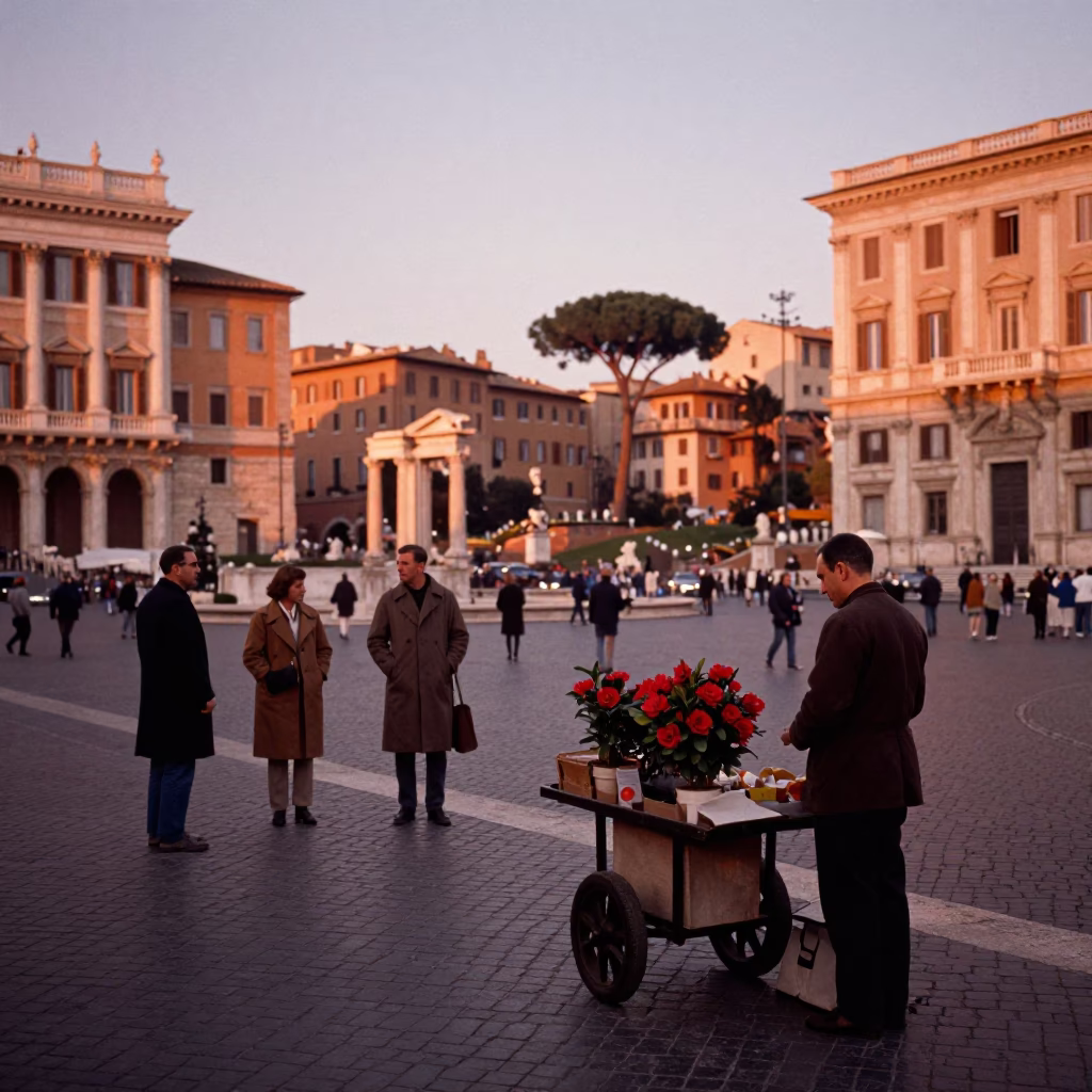 Rome Italy street scene copper dusk light historic architecture candid moment in in Rome, Italy