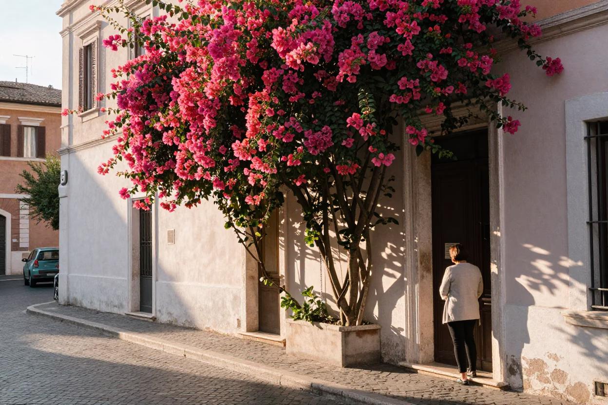 Rome Italy street scene just after sunrise with bougainvillea cascade over white garden wall in in Rome, Italy