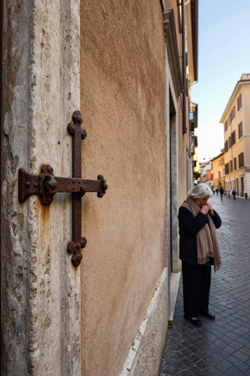Rome Italy Street Scene Just After Sunrise with Old Door Latch and Local Life in in Rome, Italy