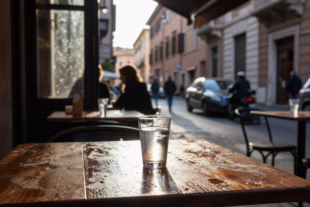 Rome Italy street scene with condensation on table and morning light in in Rome, Italy