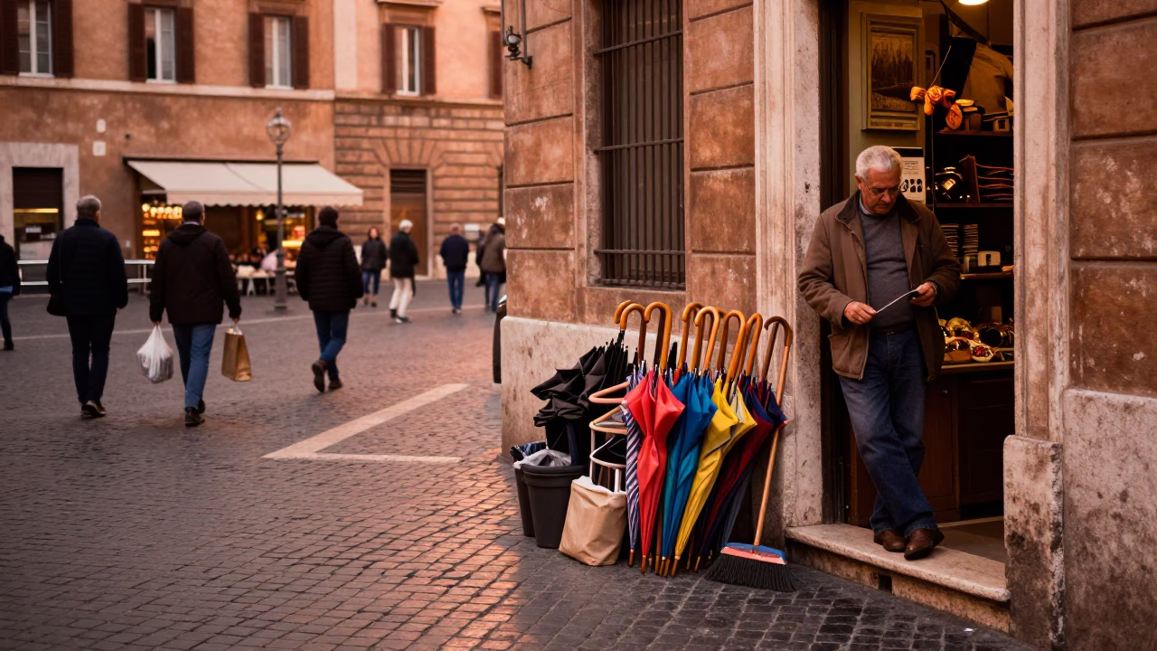 Rome Italy Street Scene with Umbrellas and Brooms in Copper Dusk Light in in Rome, Italy