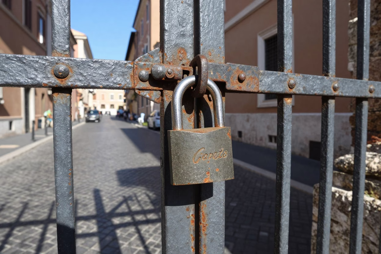 Rome Italy Street Scene with Vintage Padlock on Iron Gate in Bright Midmorning Light in in Rome, Italy