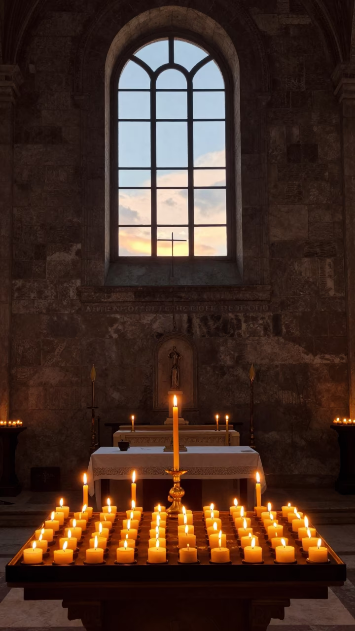 Rome Italy Sunset Catholic Easter Vigil Mass Candlelight in Historic Church in in Rome, Italy