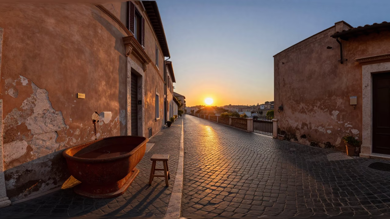 Rome Italy Sunset Scene with Rusty Basin and Stool on Historic Street in in Rome, Italy