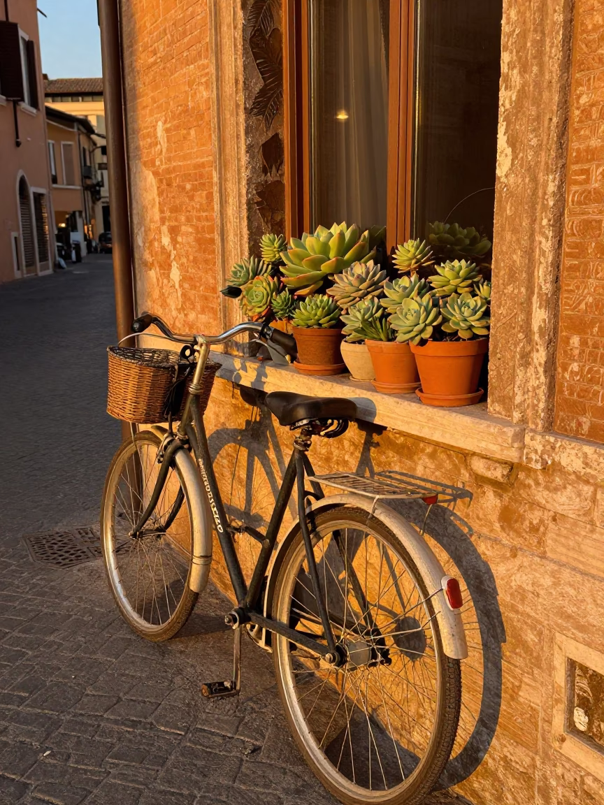 Rome Italy Sunset Street Scene Vintage Bicycle Potted Succulents and Metal Stools in in Rome, Italy