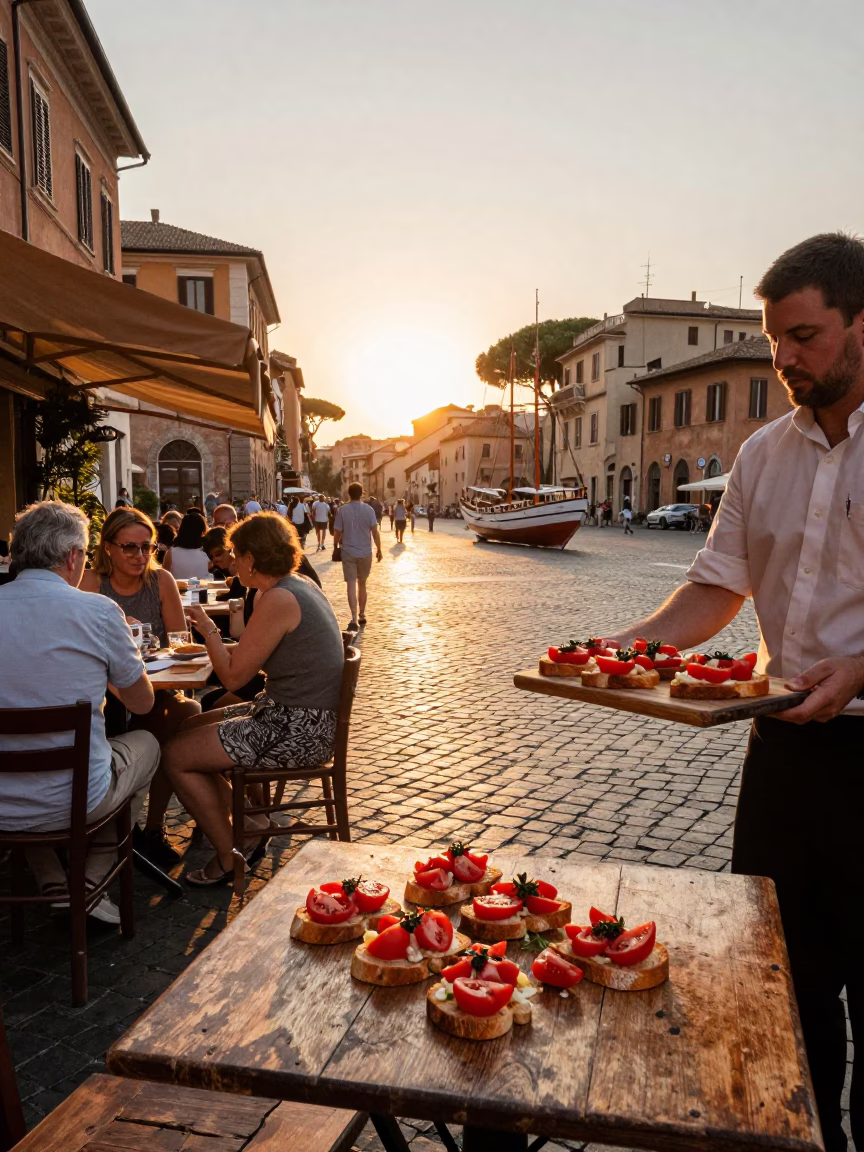 Rome Italy Sunset Street Scene with Bruschetta and Antique Nautical Chart Details in in Rome, Italy