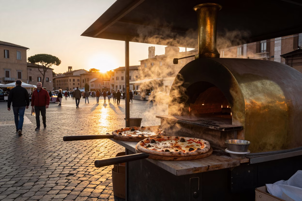Rome Italy Sunset Street Scene with Pizza Oven and Brass Basin in in Rome, Italy
