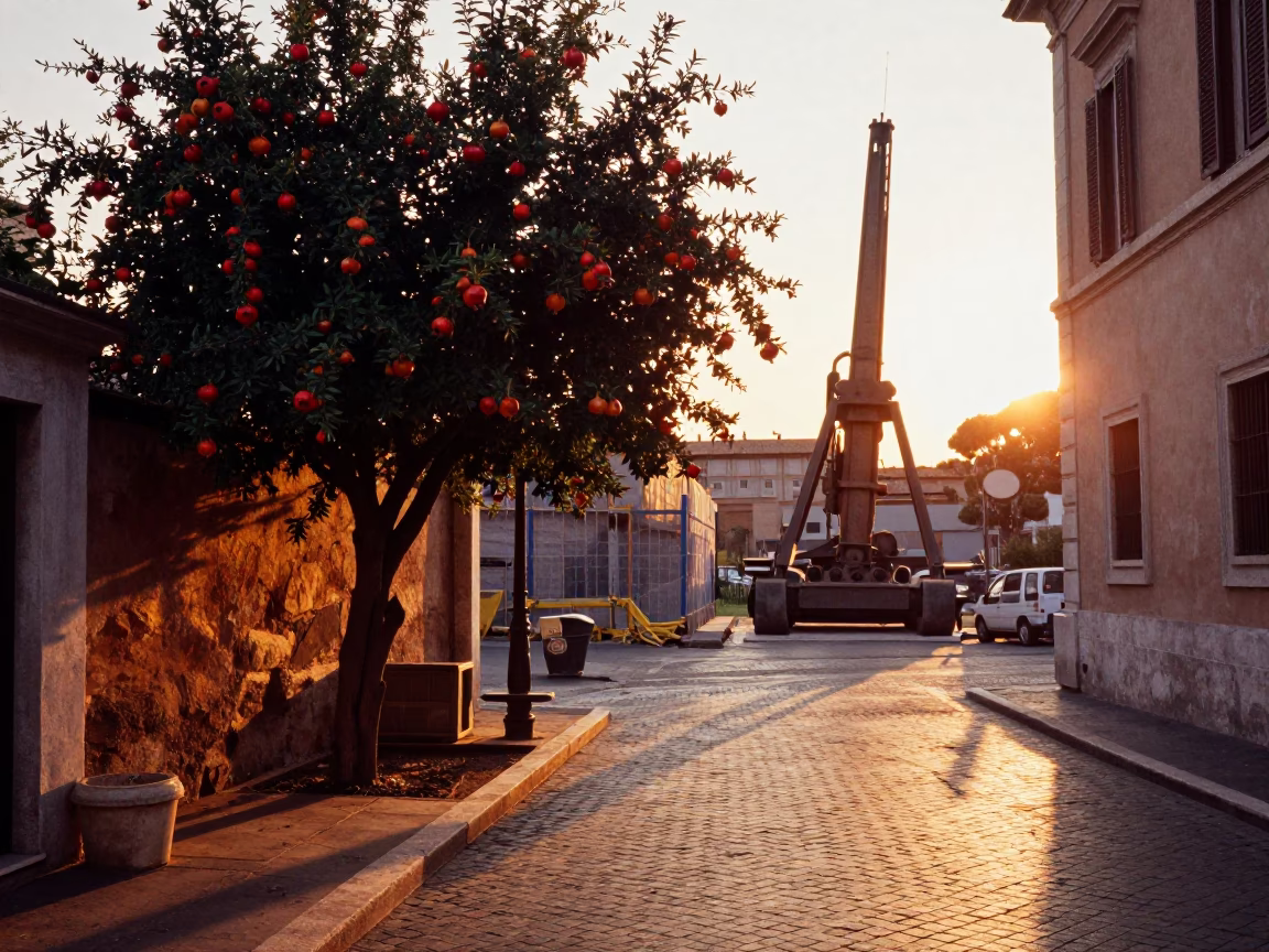 Rome Italy Sunset Street Scene with Pomegranate Tree and Construction Site in in Rome, Italy