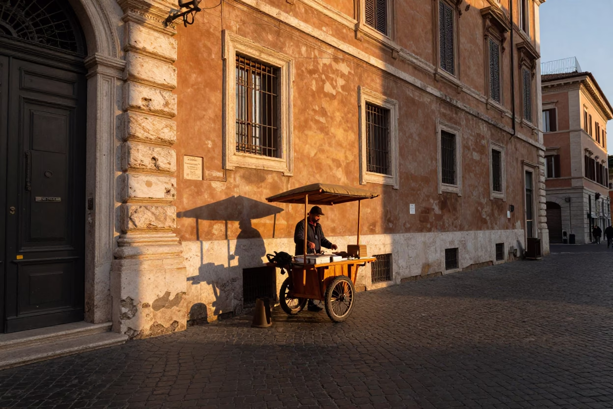 Rome Italy Sunset Street Scene with Spirit Level and Twine Spool on Historic Cobblestone in in Rome, Italy
