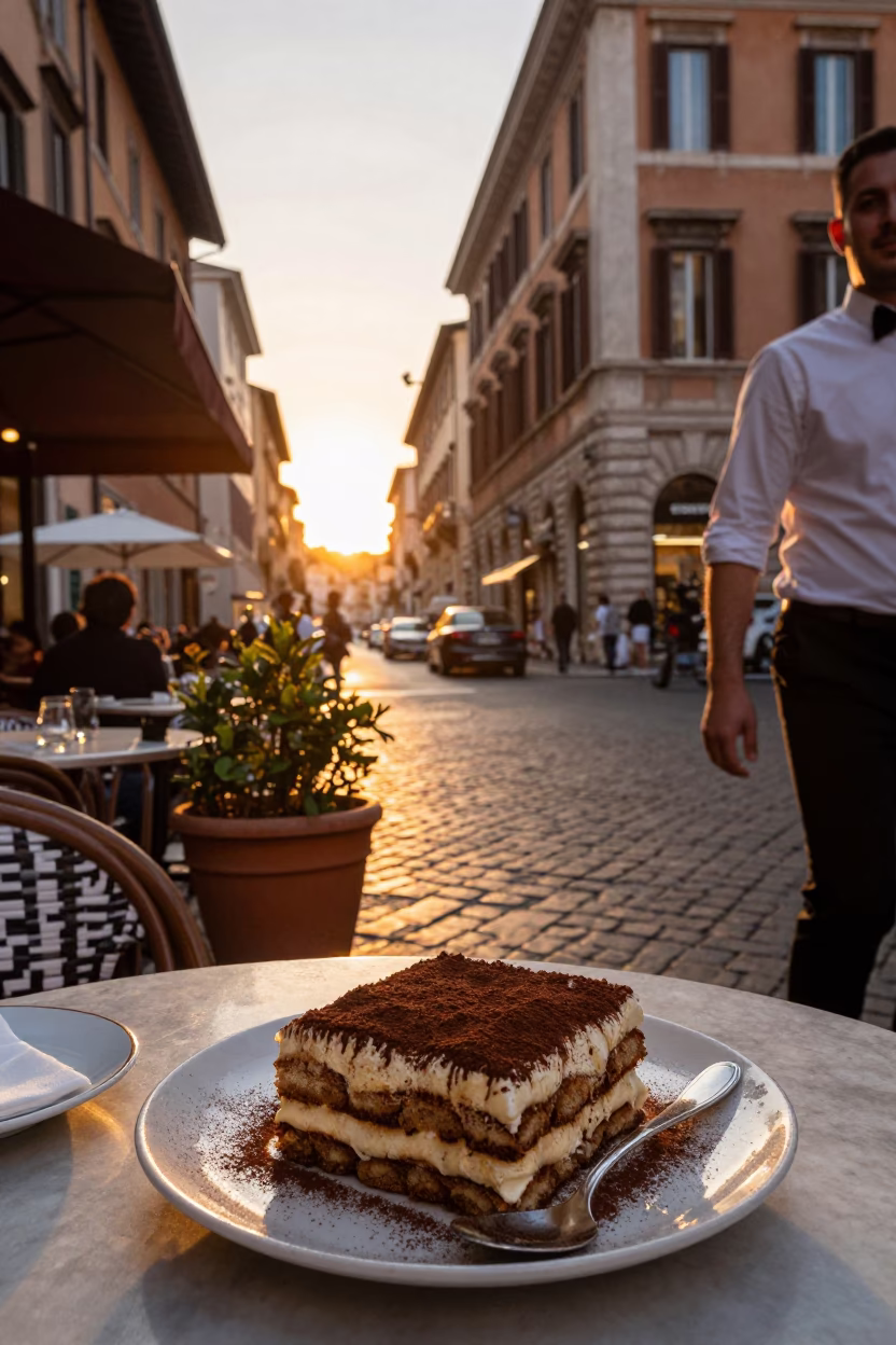 Rome Italy Sunset Street Scene with Tiramisu and Plant Pot in in Rome, Italy