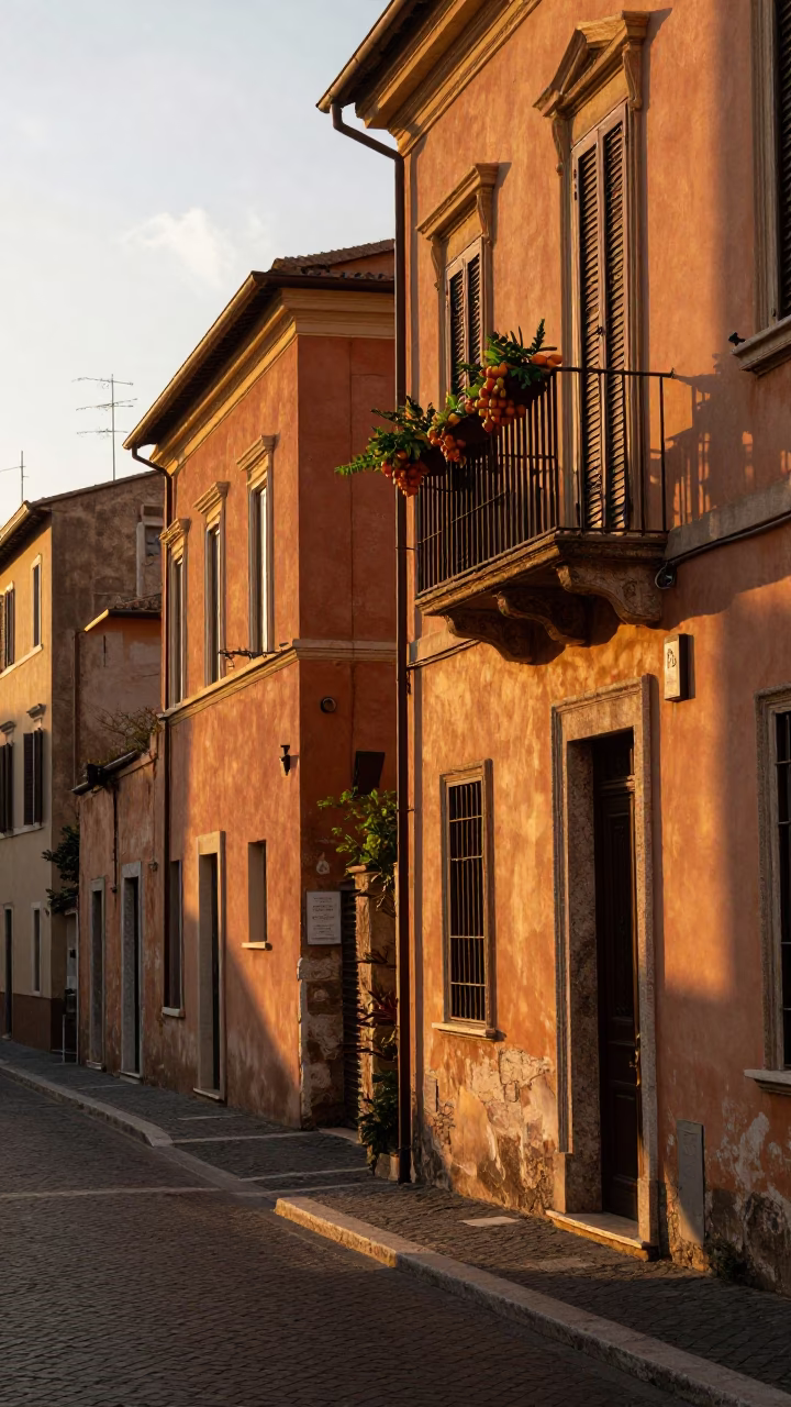 Rome Italy Sunset Street Scene with Trastevere Balcony and Fruit Tarts in in Rome, Italy