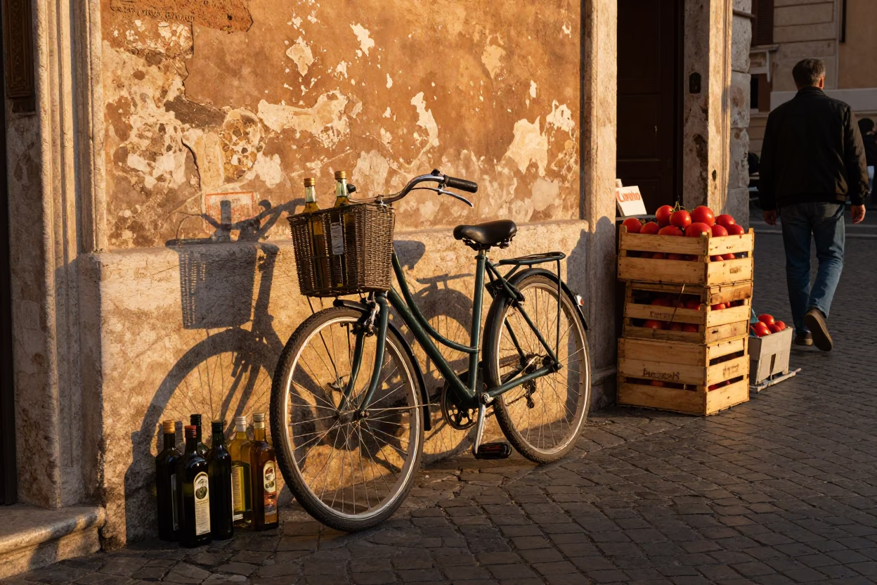 Rome Italy Sunset Street Scene with Vintage Bicycle and Local Market Activity in in Rome, Italy