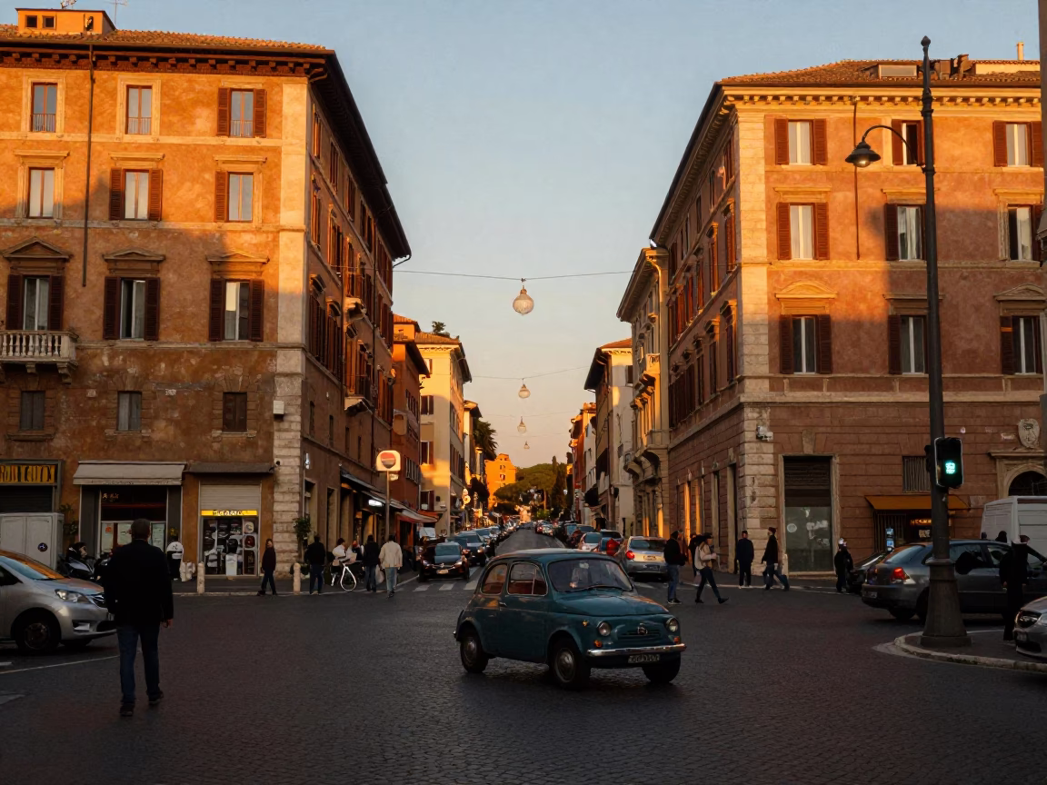 Rome Italy Sunset Street Scene with Vintage Car and Local Interaction in in Rome, Italy