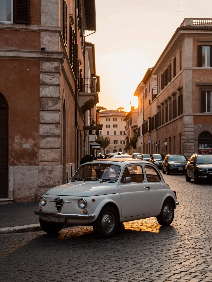Rome Italy Sunset Street Scene with Vintage Car and Local Life in in Rome, Italy