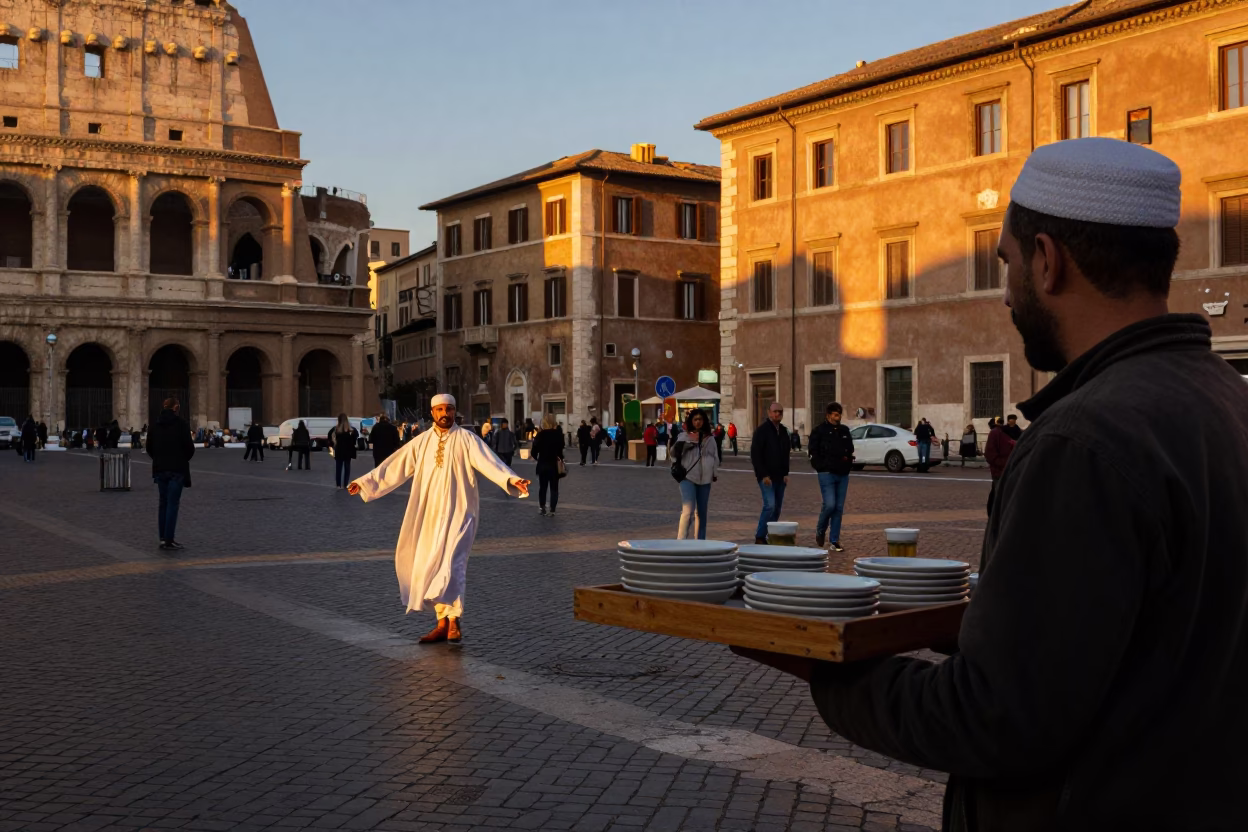 Rome Italy Sunset Street Scene with Wooden Tray and Sufi Whirling Dervish in in Rome, Italy
