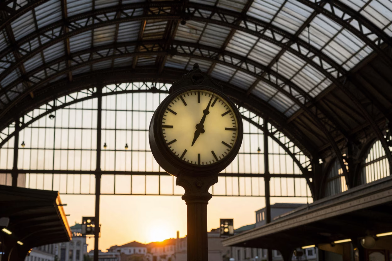 Rome Italy Train Station Clock Under Vaulted Iron Roof at Sunset in in Rome, Italy